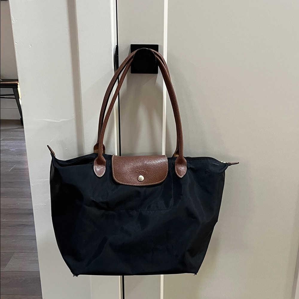 Longchamp Black Tote with Brown Accents